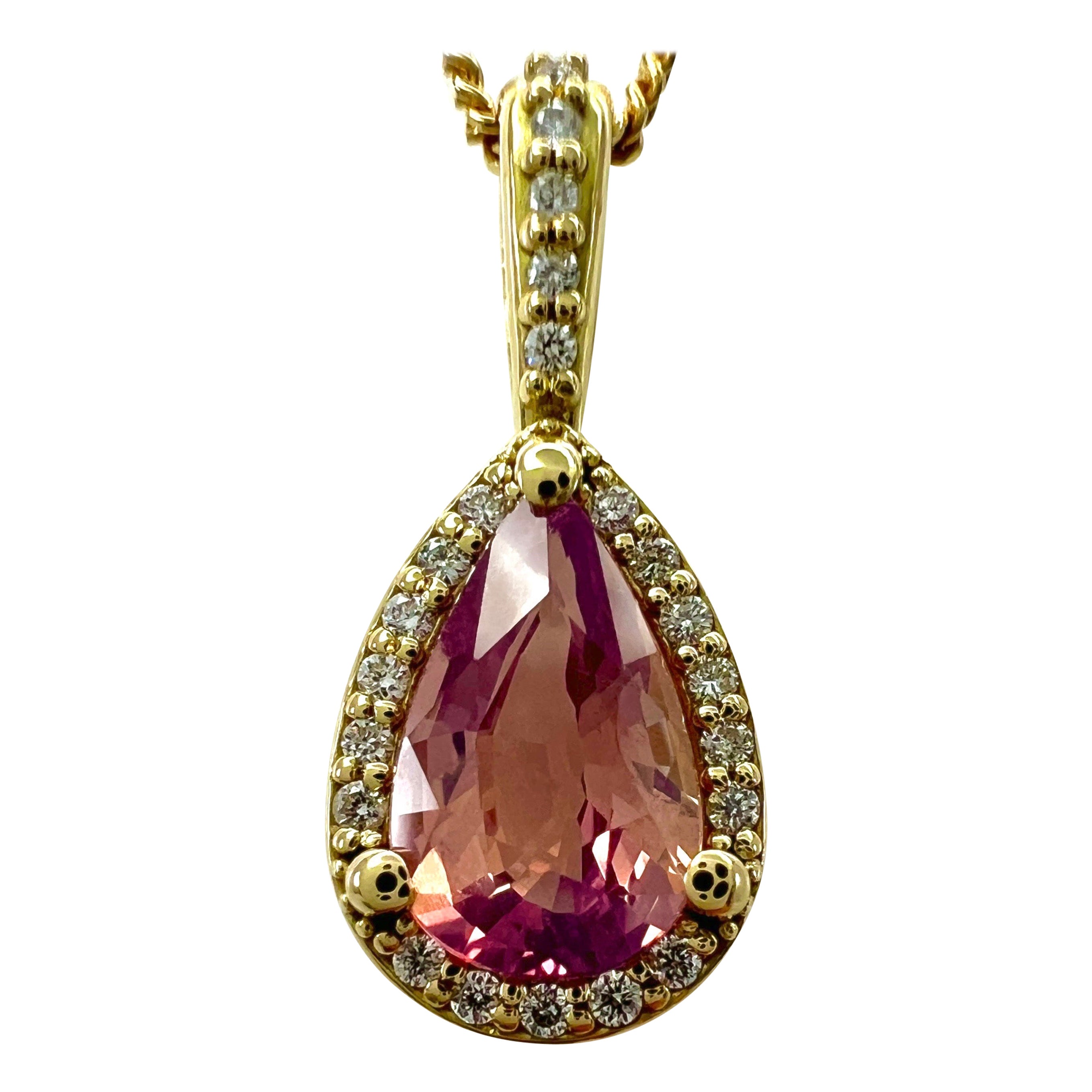 GIA Certified Pink Orange Padparadscha Sapphire & Diamond 18k Gold Halo Pendant For Sale