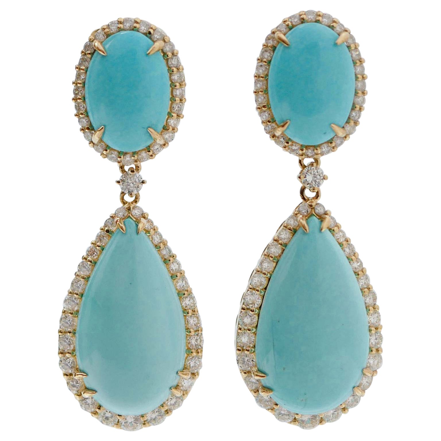 Turquoise, Diamonds, 18 Karat Yellow Gold Earrings. For Sale