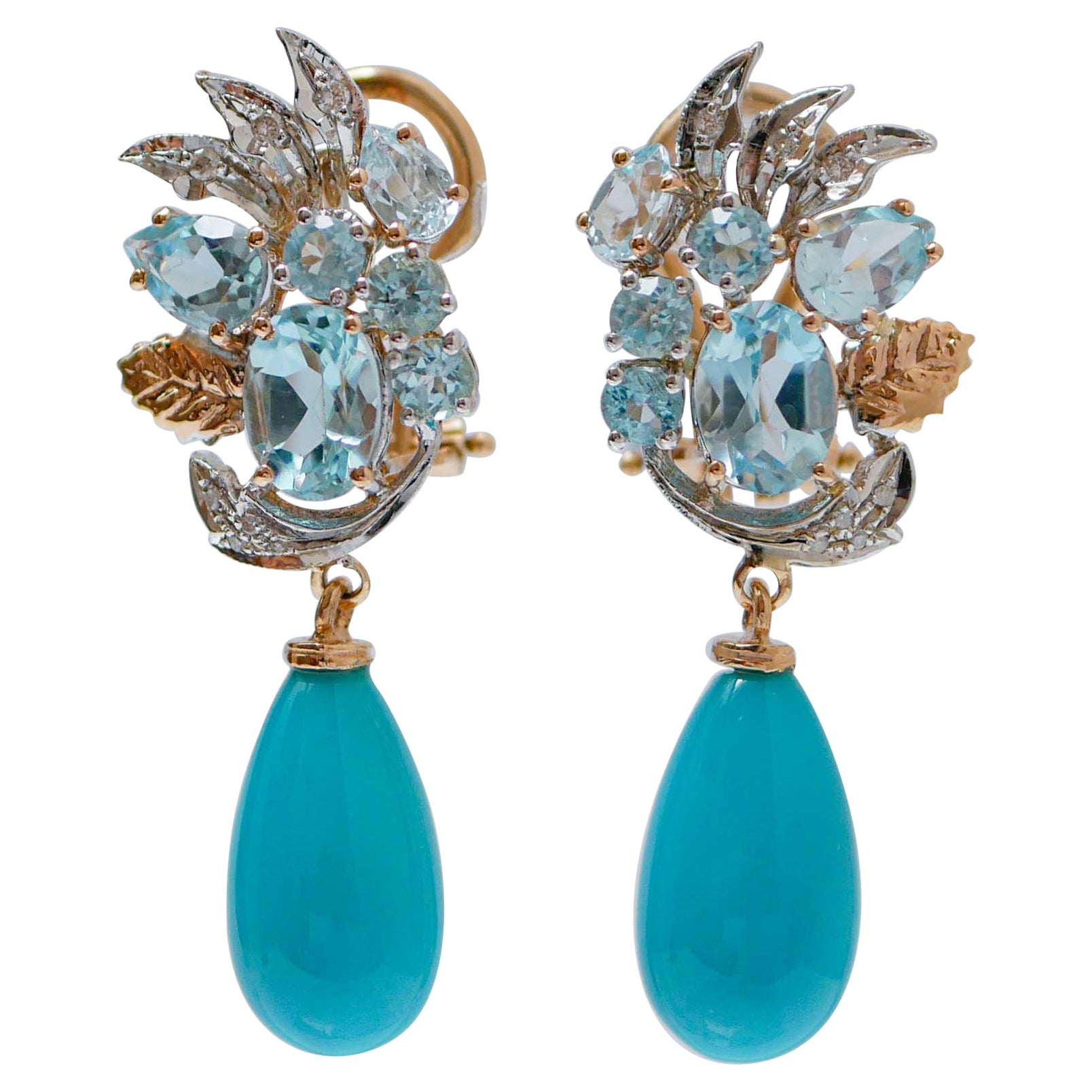 Turquoise, Topazs, Diamonds, 14 Kt White Gold and Rose Gold Earrings. For Sale