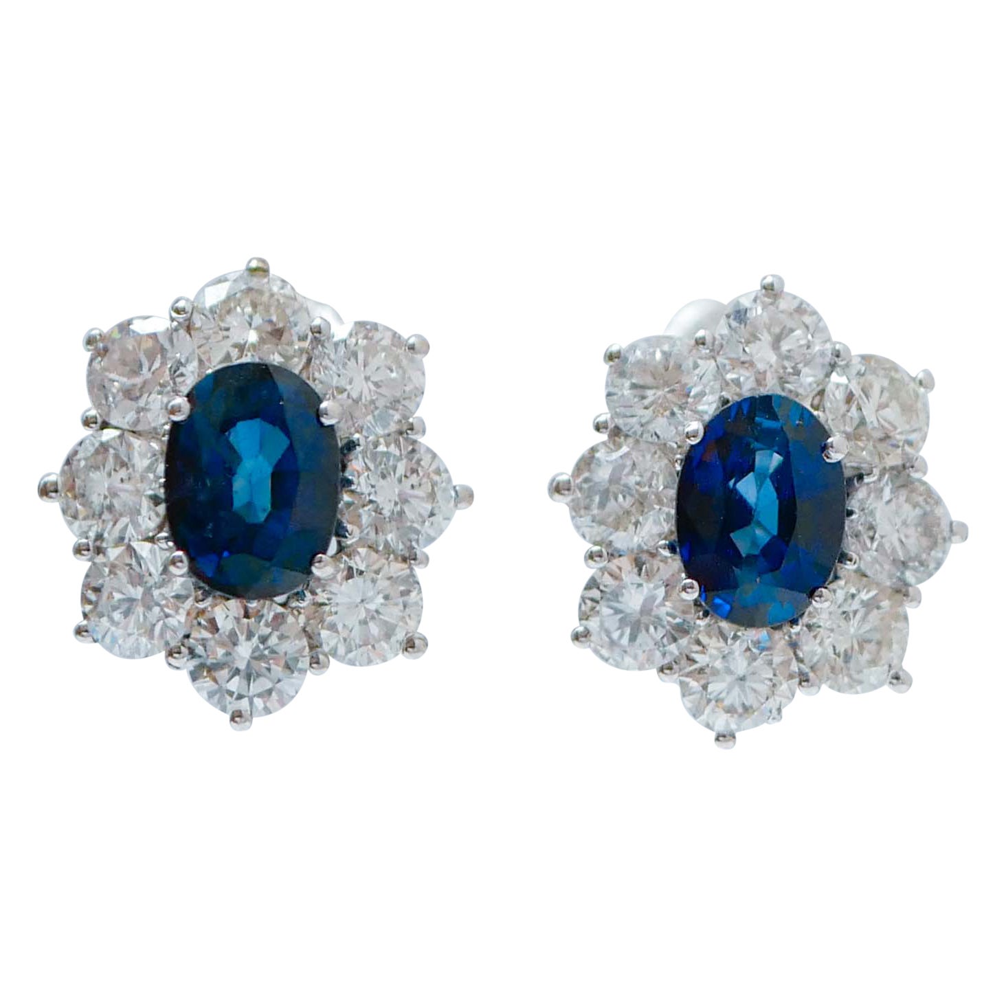 Sapphires, Diamonds, 18 Karat White Gold Earrings. For Sale