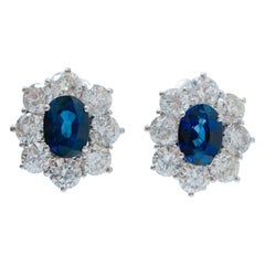 Retro Sapphires, Diamonds, 18 Karat White Gold Earrings.