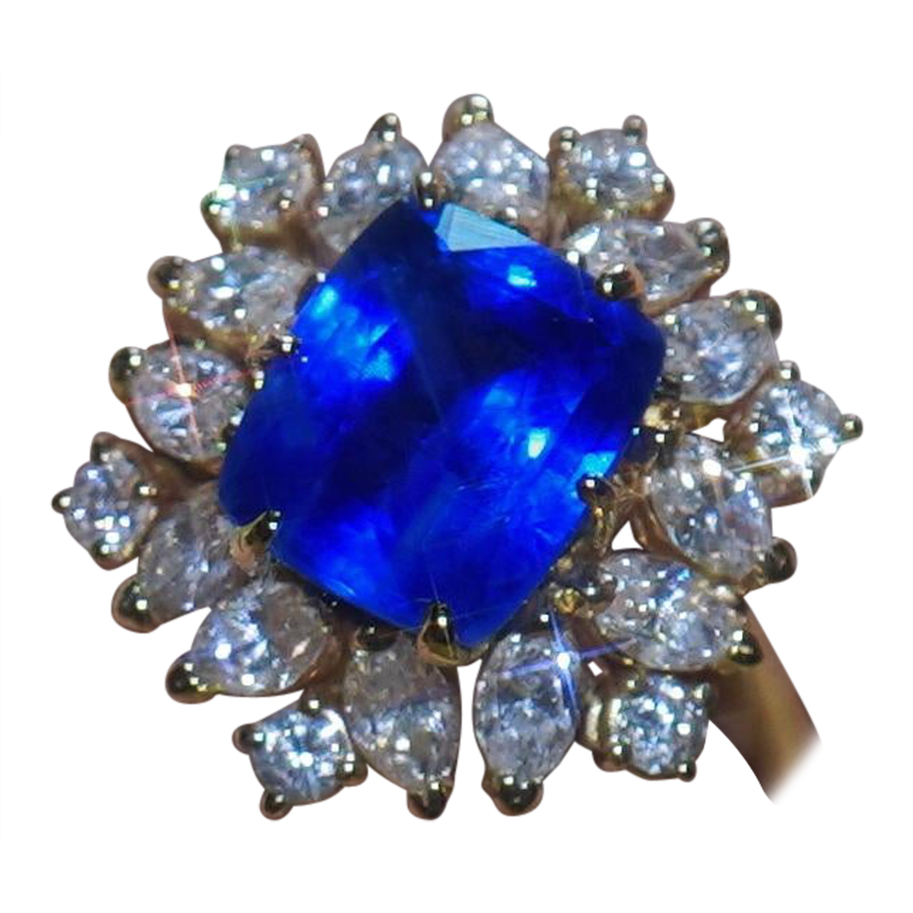 Cushion Cut GIA Blue Sapphire Diamond Ring No Heat Burma 14K Royal VS Vintage Fine 9.19 Cts For Sale