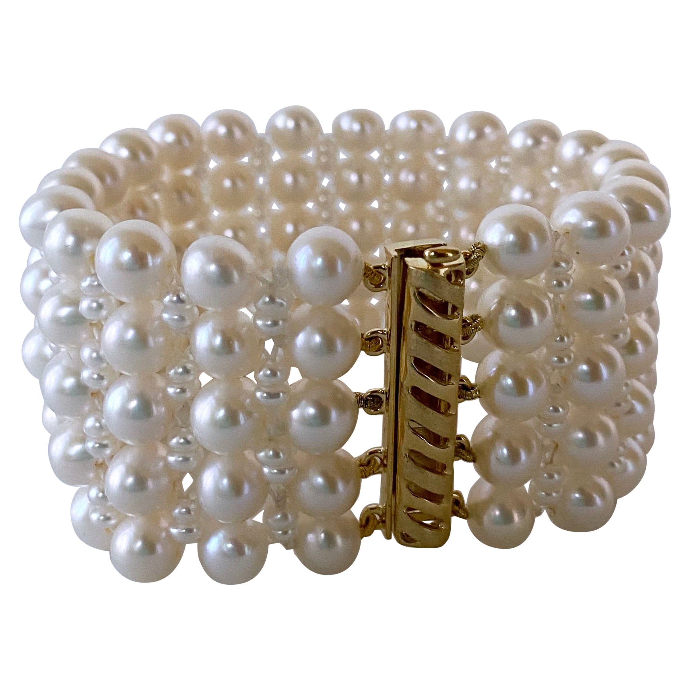Marina J. Woven Pearl Bracelet with 14k Yellow Gold Plated Silver Sliding Clasp For Sale