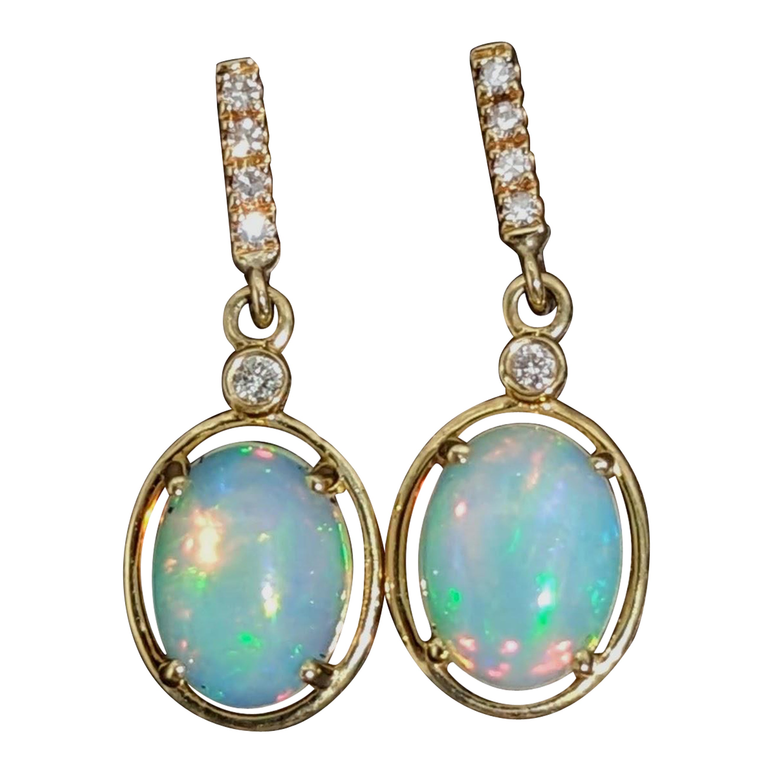 1.63ct Dangly Opal Drops w Diamond Accents in 14k Solid Yellow Gold Oval 10x8mm