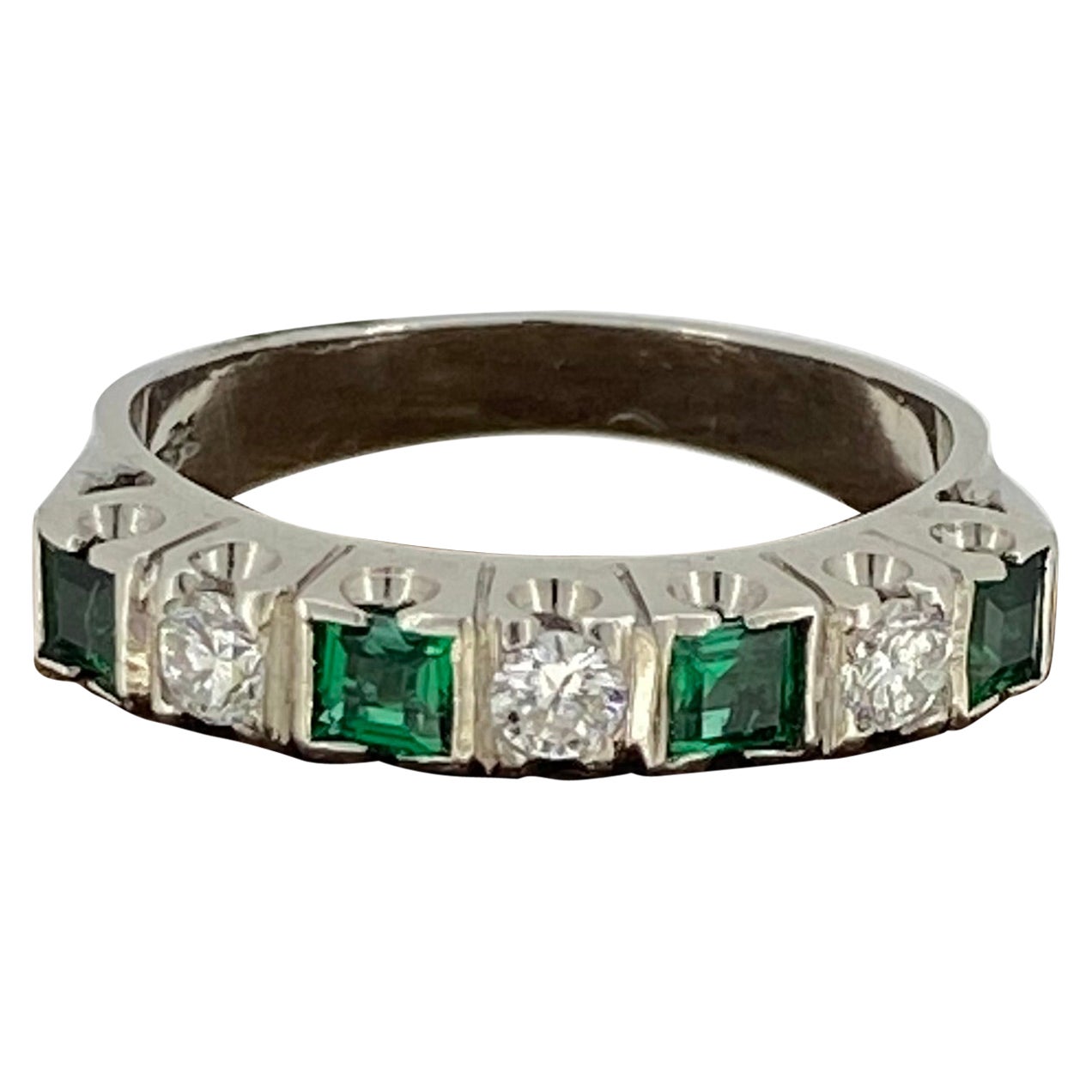 Colombian Emerald & Diamond Half Hoop Ring in Platinum & 18K White Gold, c1950's For Sale