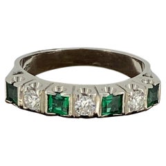 Vintage Colombian Emerald & Diamond Half Hoop Ring in Platinum & 18K White Gold, c1950's