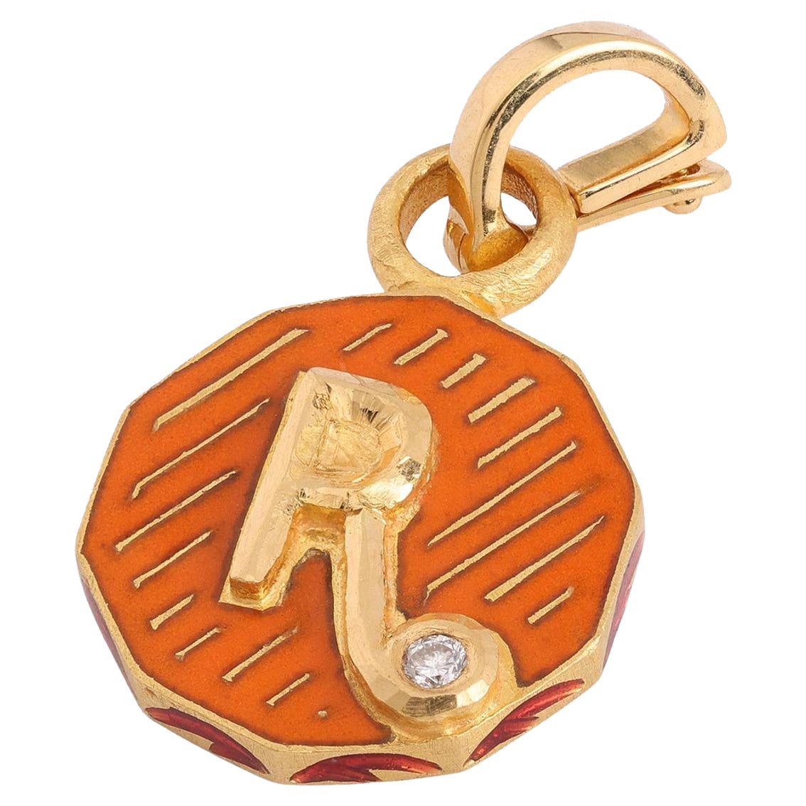 22K Gold Initial 'R' Orange Floral Enamel Reversible Charm Handmade by Agaro For Sale
