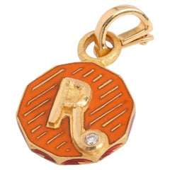 22K Gold Initial 'R' Orange Floral Enamel Reversible Charm Handmade by Agaro