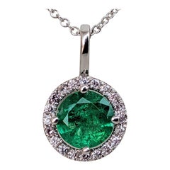 $1 NO RESERVE! 0.95Ct Emerald & 0.12Ct Diamonds - 14 kt. White gold - Necklace