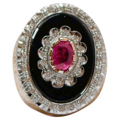 Rubin, Onyx, Diamanten, Retrò-Ring aus Roségold.