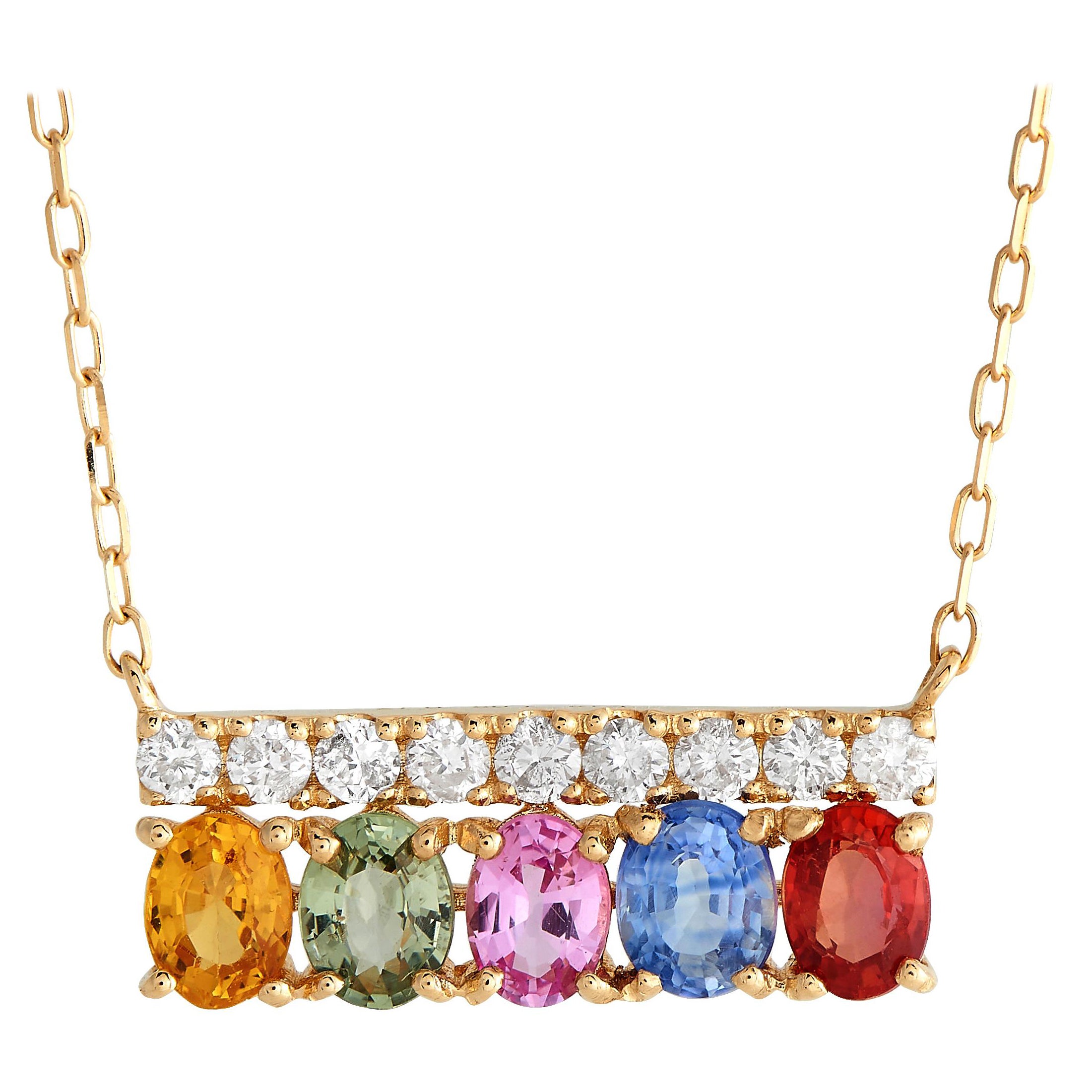 LB Exclusive 18K Yellow Gold 0.17ct Diamond and Multicolored Sapphire Necklace For Sale