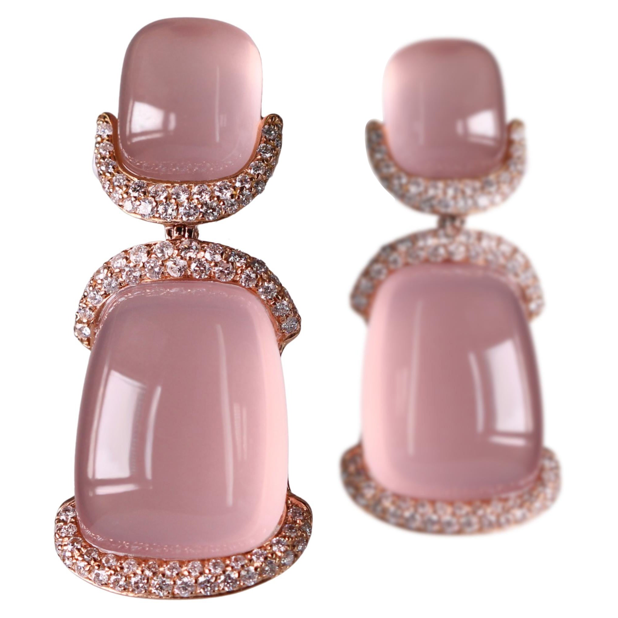 Sophisticated Charm: 18kt Rose Gold Earrings with Pink Quartz and Diamonds For Sale