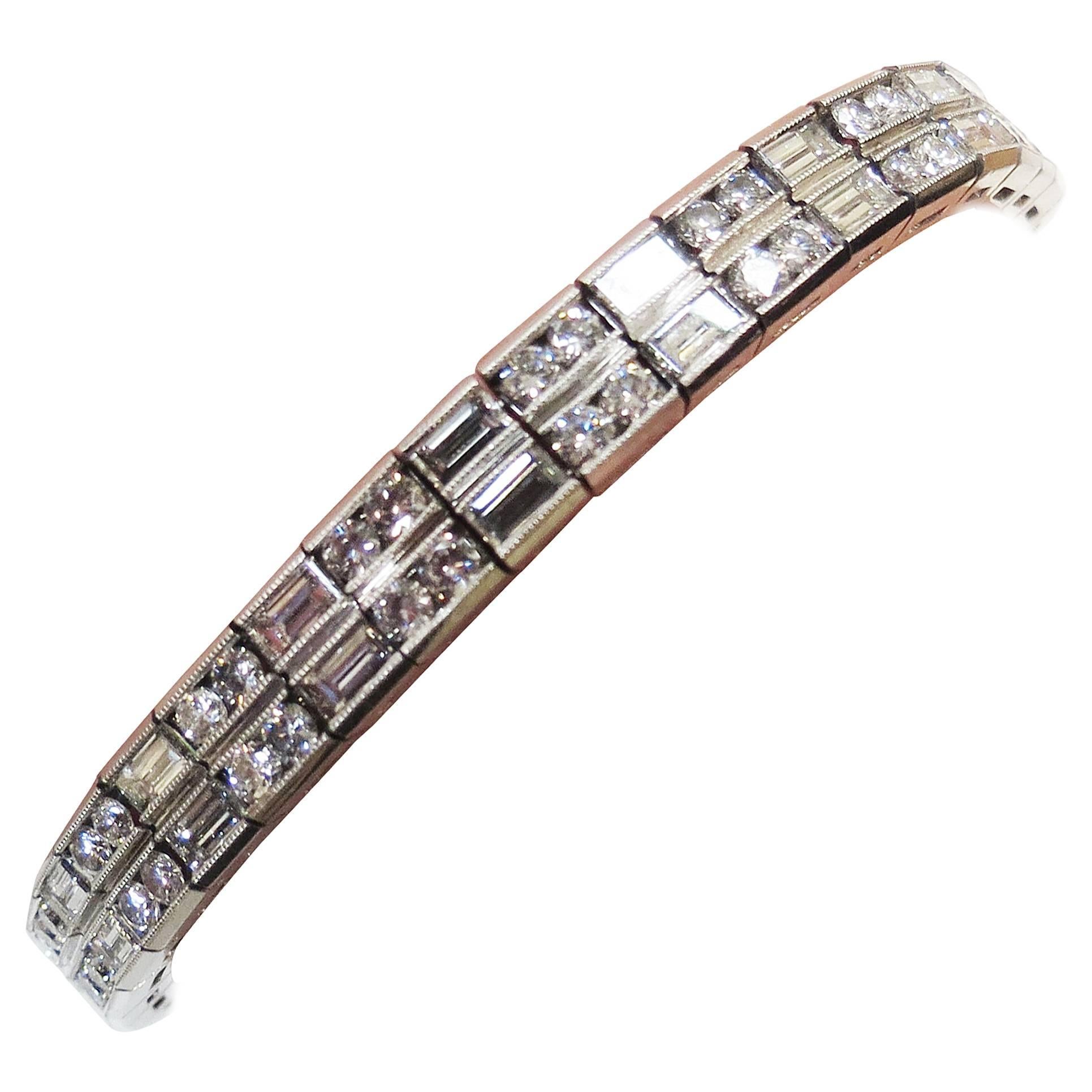 Stunning Platinum Baguette and Round Diamond Flexible Bracelet For Sale