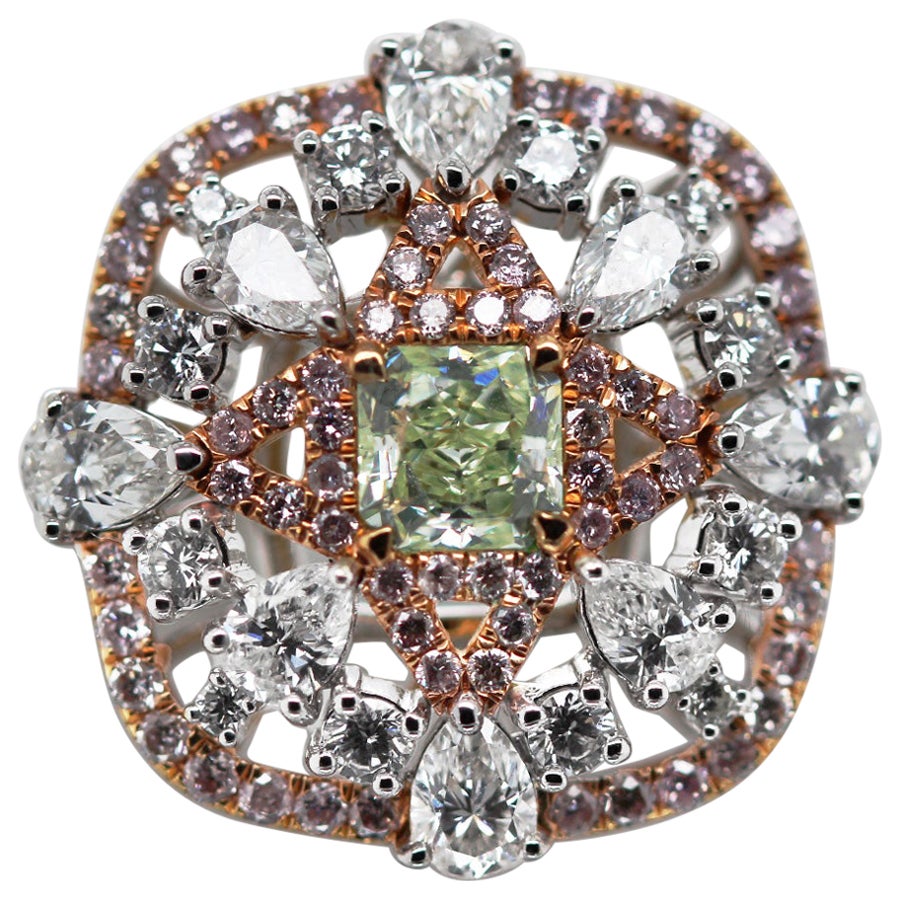 0.78 ct Fancy Light Yellow Green Radiant Cut Diamond Cocktail Ring GIA Scarselli For Sale