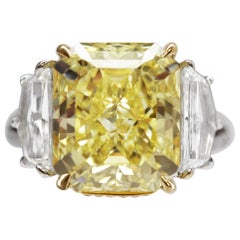 9.37 Carat Fancy Intense Yellow Radiant-Cut Diamond Trilogy Engagement Ring GIA