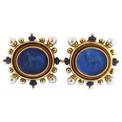 Vintage Elizabeth Locke Gold Pearl Sapphire Venetian Glass Intaglio Earrings