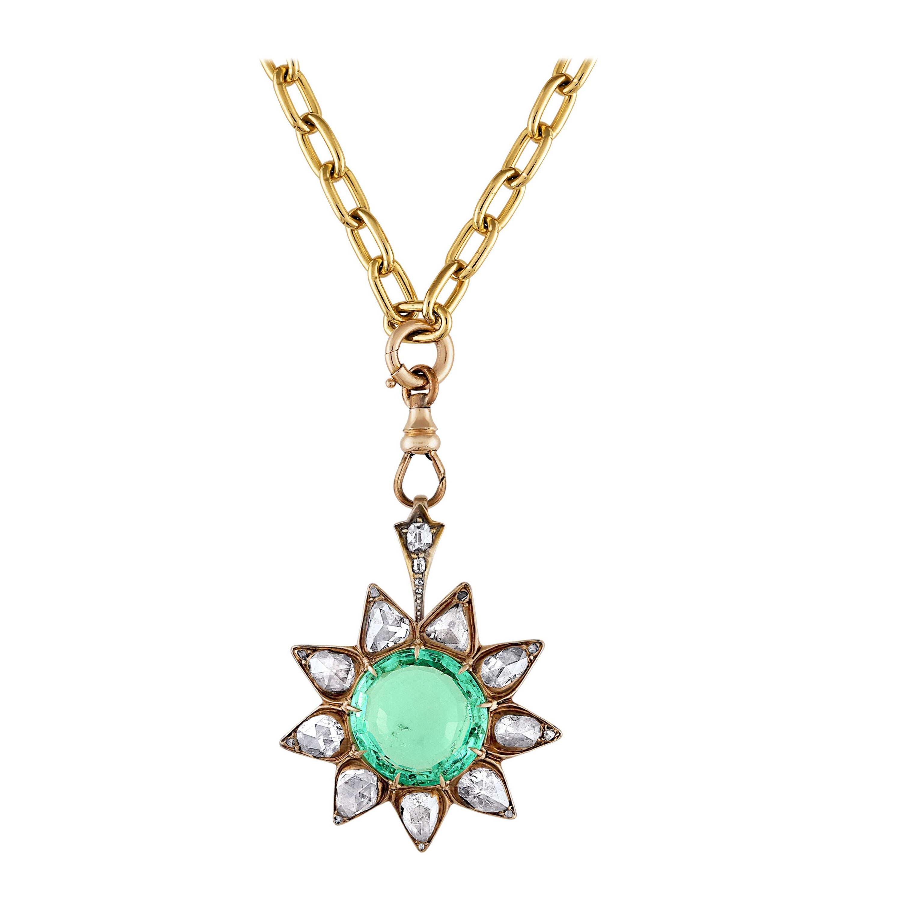 Rose Cut Diamond Colombian Emerald Circa late 1700’s Gold Silver Pendant Brooch  For Sale