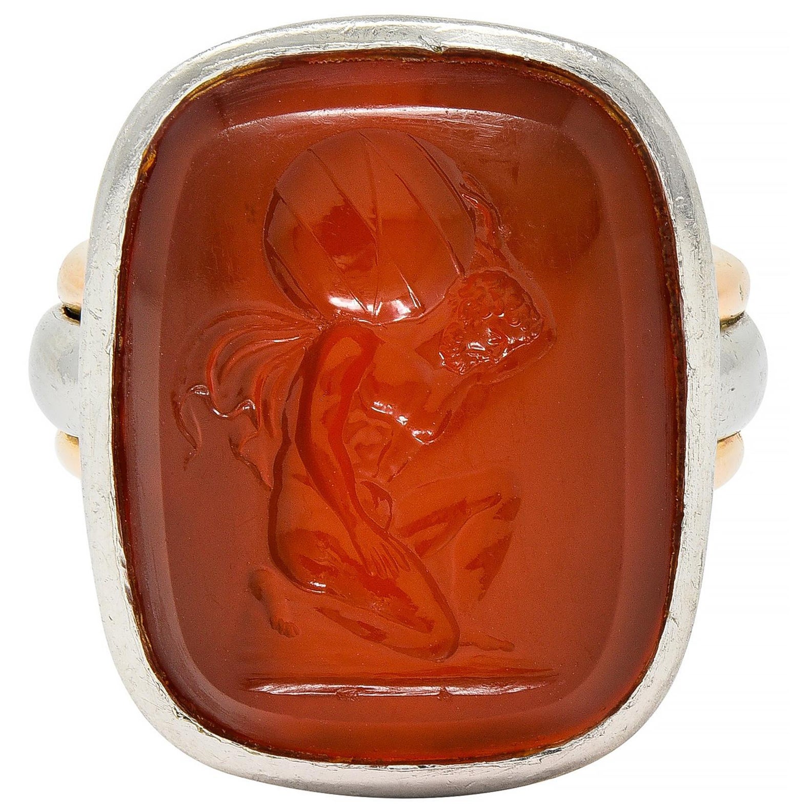 Victorian Carnelian Platinum 18 Karat Rose Gold Intaglio Atlas Antique Ring For Sale