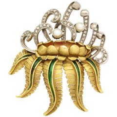 1890s Antique Art Nouveau Diamond Gold Lotus Brooch 2