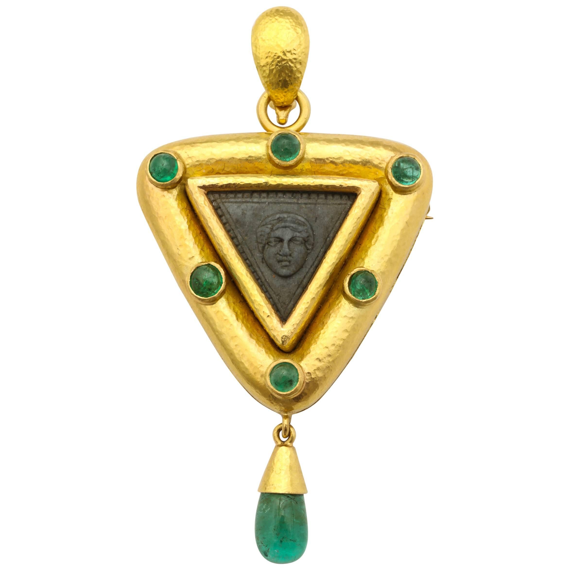 Elizabeth Locke Carved Lava Emerald Gold Pendant Brooch