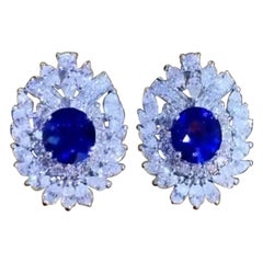 AIG Certified 7.82 Ct Ceylon Sapphires  5.18 Carats Diamond 18K Gold Earrings