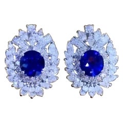 AIG Certified 7.82 Ct Ceylon Sapphires  5.18 Carats Diamond 18K Gold Earrings 