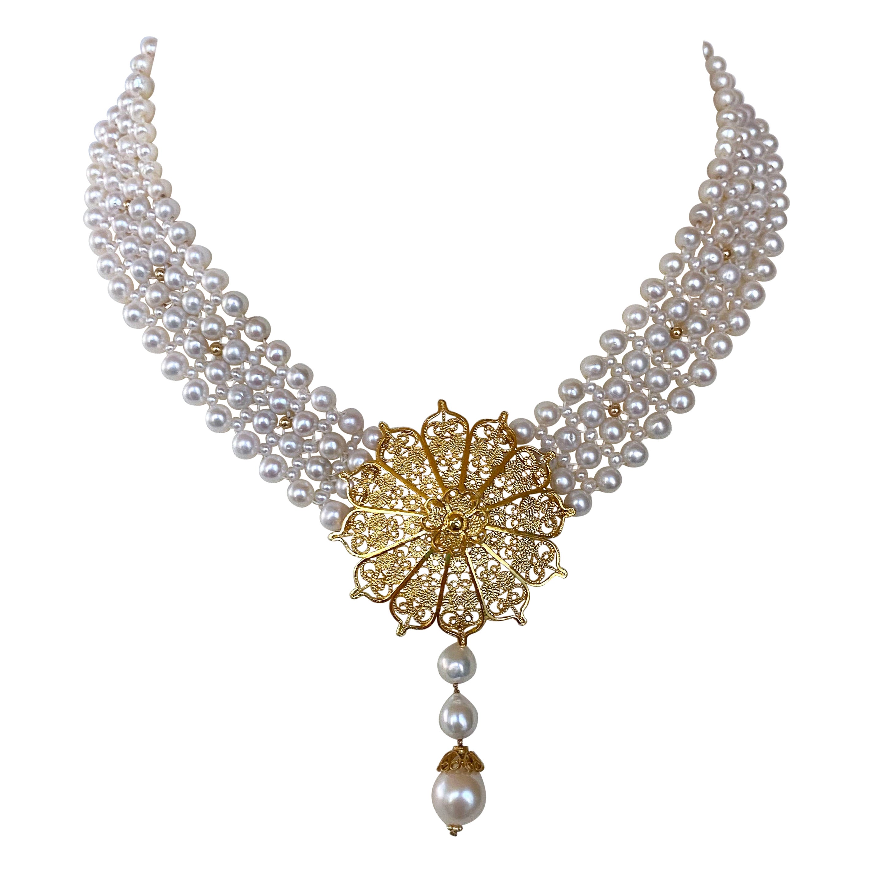 Marina J. Pearl Woven Necklace with 18k Yellow Gold Plated Floral Centerpiece