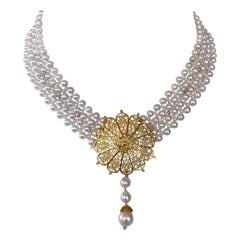 Marina J. Pearl Woven Necklace with 18k Yellow Gold Plated Floral Centerpiece