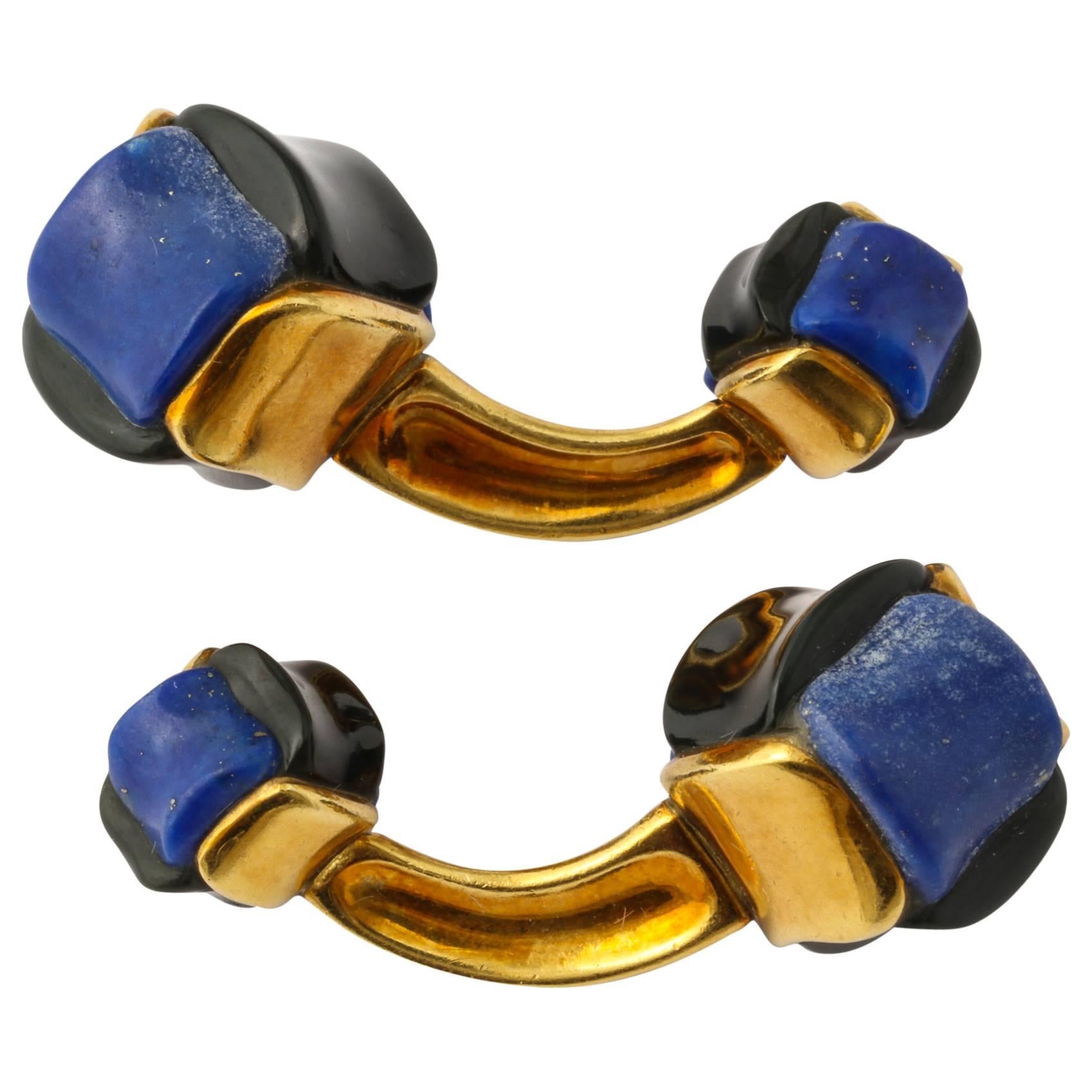 Angela Cummings Carved Lapis Lazuli, Black Jade, Gold Cufflinks For Sale