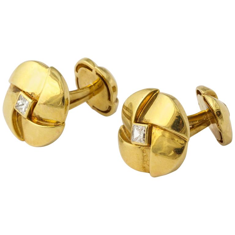 Boutons De Manchette Vintage Ovales - Or Jaune 14 Carats Et Diamants - Poids 8,1 G - Occasion Très Bon état