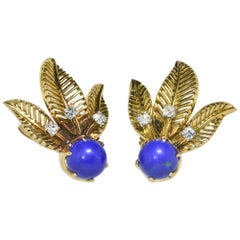 Retro Style 18K Yellow Gold, Lapis Lazuli and Diamond Earrings, c. 1950.