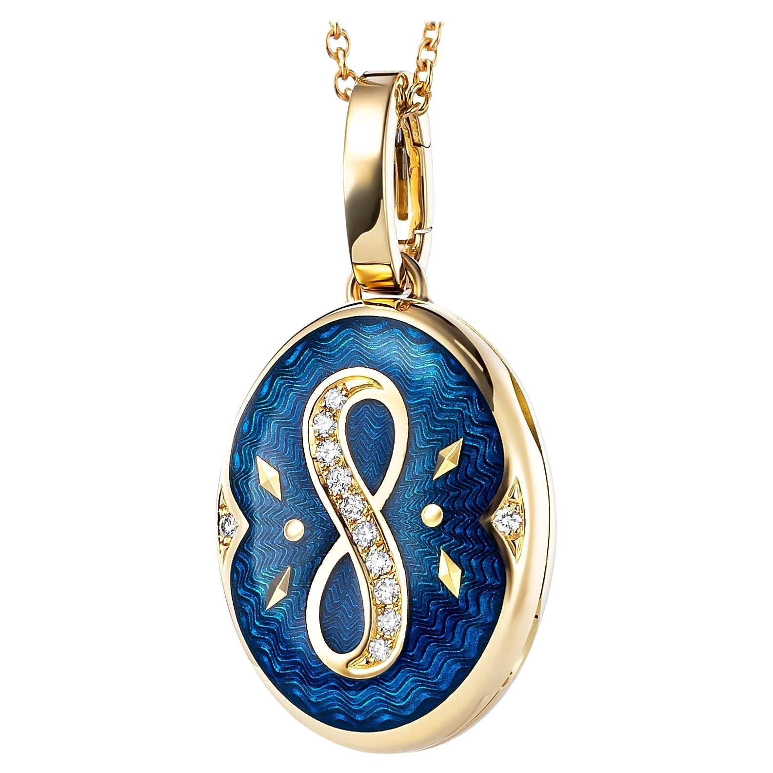 Pendentif médaillon ovale en or jaune 18 carats, émail bleu vitreous et 12 diamants 0,08 carat GVS en vente