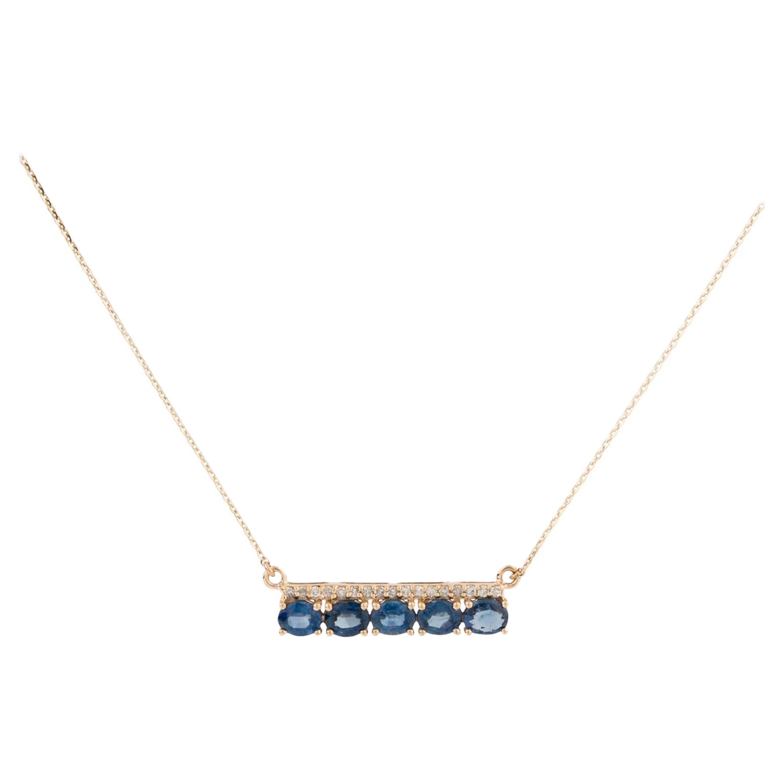 Exquisite 14K Sapphire & Diamond Bar Pendant Necklace - Elegant Gemstone Sparkle For Sale