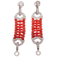 Coral Diamond Platinum Earrings