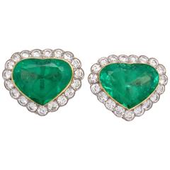 Sensational Heart Shaped Emerald Diamond Platinum Earrings