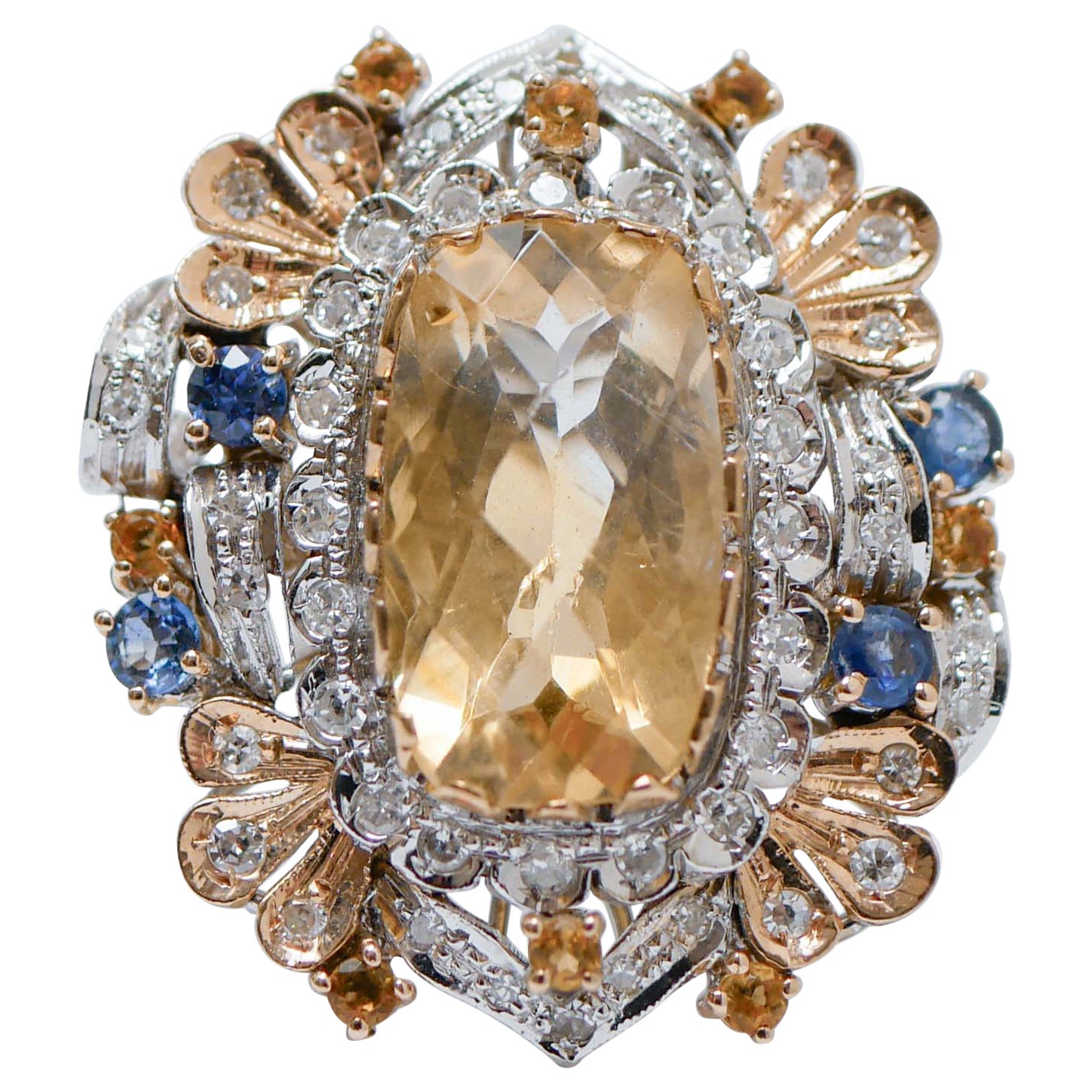 Topaz, Sapphires, Diamonds, 14 Karat White Gold and Rose Gold Ring. For Sale