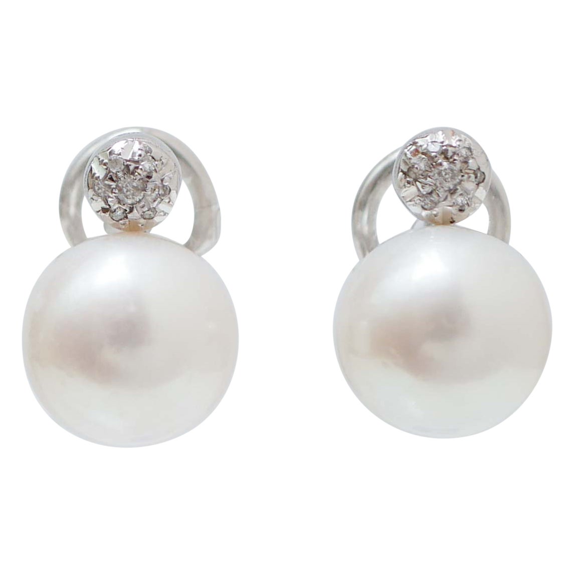 Pearls, Diamonds, 14 Karat White Gold Earrings.