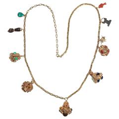 Etruscan Revival Gold Multicolored Gemstone Charm Long Necklace