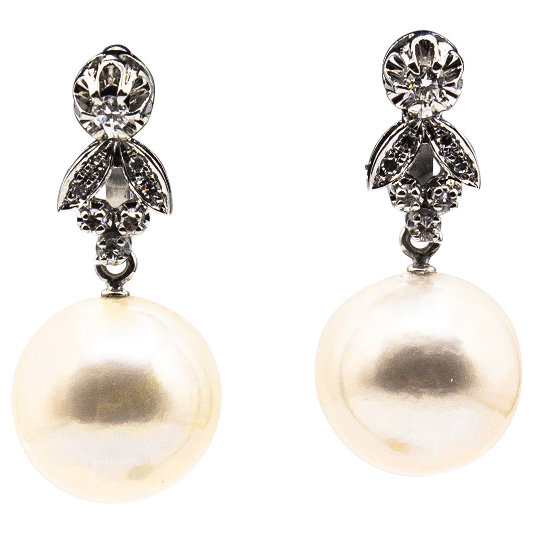 Art Deco Style White Brilliant Cut Diamond Pearl White Gold Clip-On Earrings For Sale