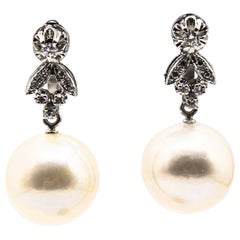 Boucles d'oreilles Clips en or blanc avec diamants taillés en brillant et perles de style Art Déco