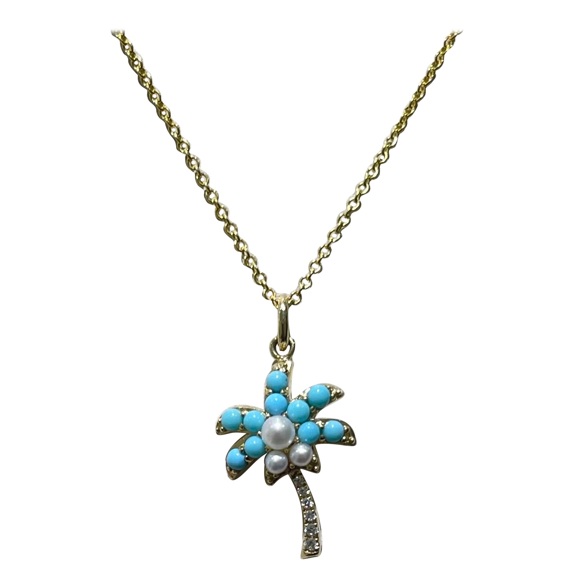New Effy Turquoise, Pearl & Diamond Palm Tree Necklace In 14k For Sale