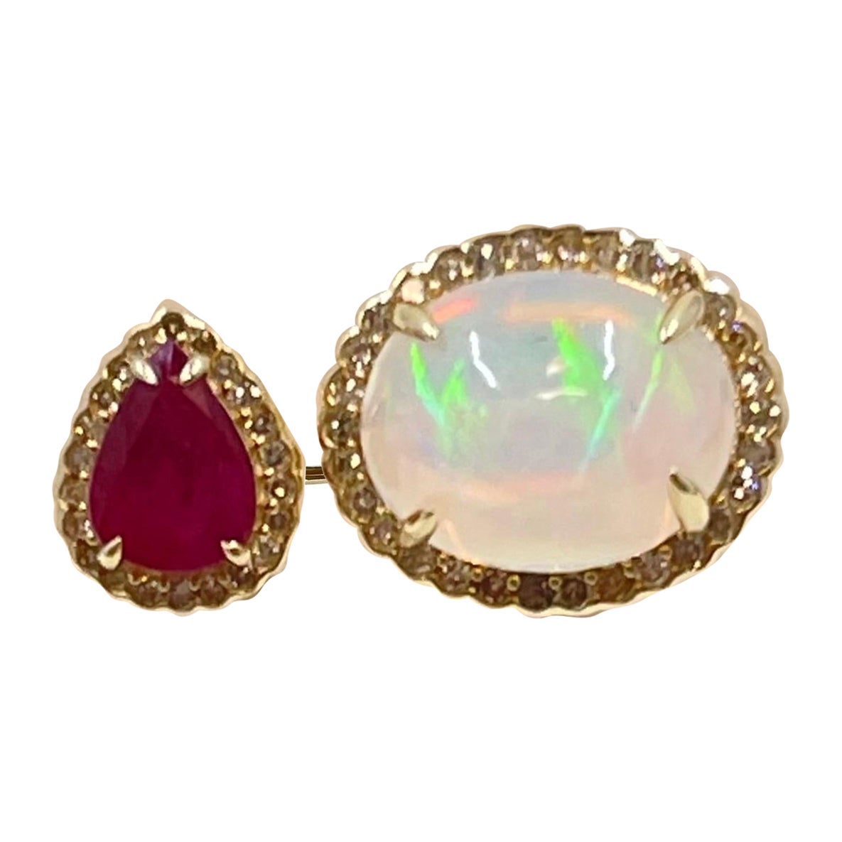 Breathtaking Fire Opal, Ruby & Diamond Ring In 14k For Sale