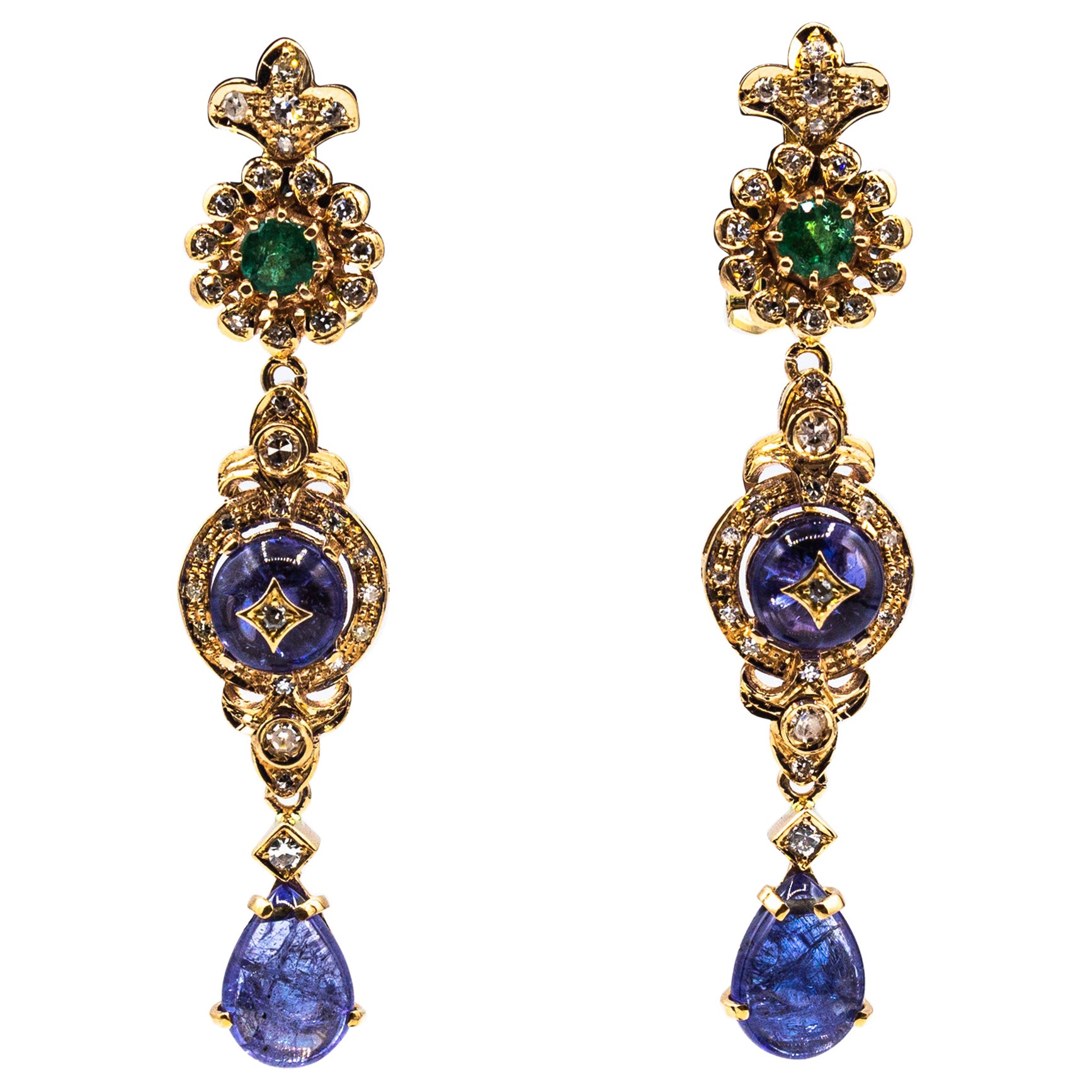 Art Deco Style White Diamond Tanzanite Emerald Yellow Gold Clip-On Earrings For Sale