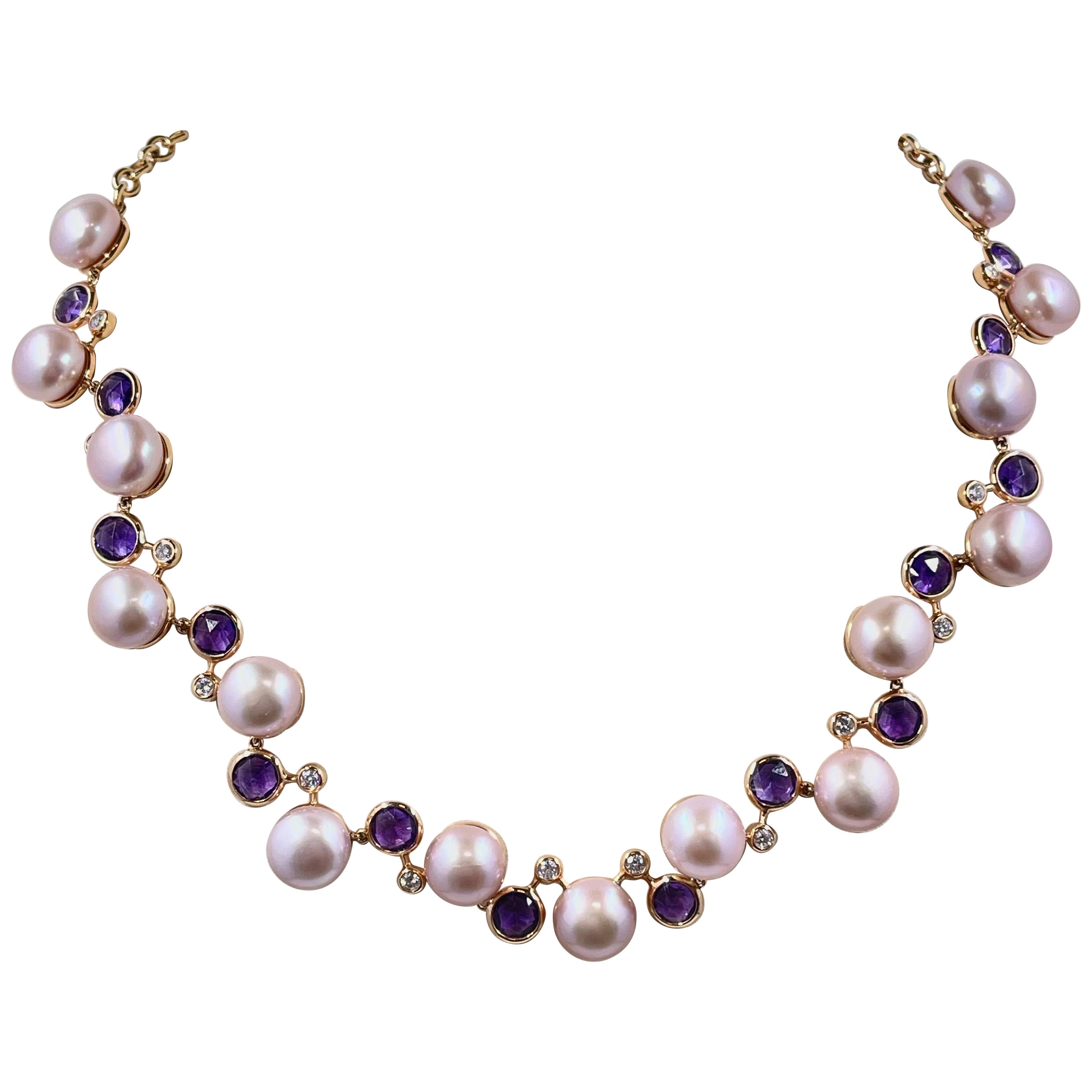 Gorgeous Pink Pearl, Amethyst And Diamond Necklace In 18k