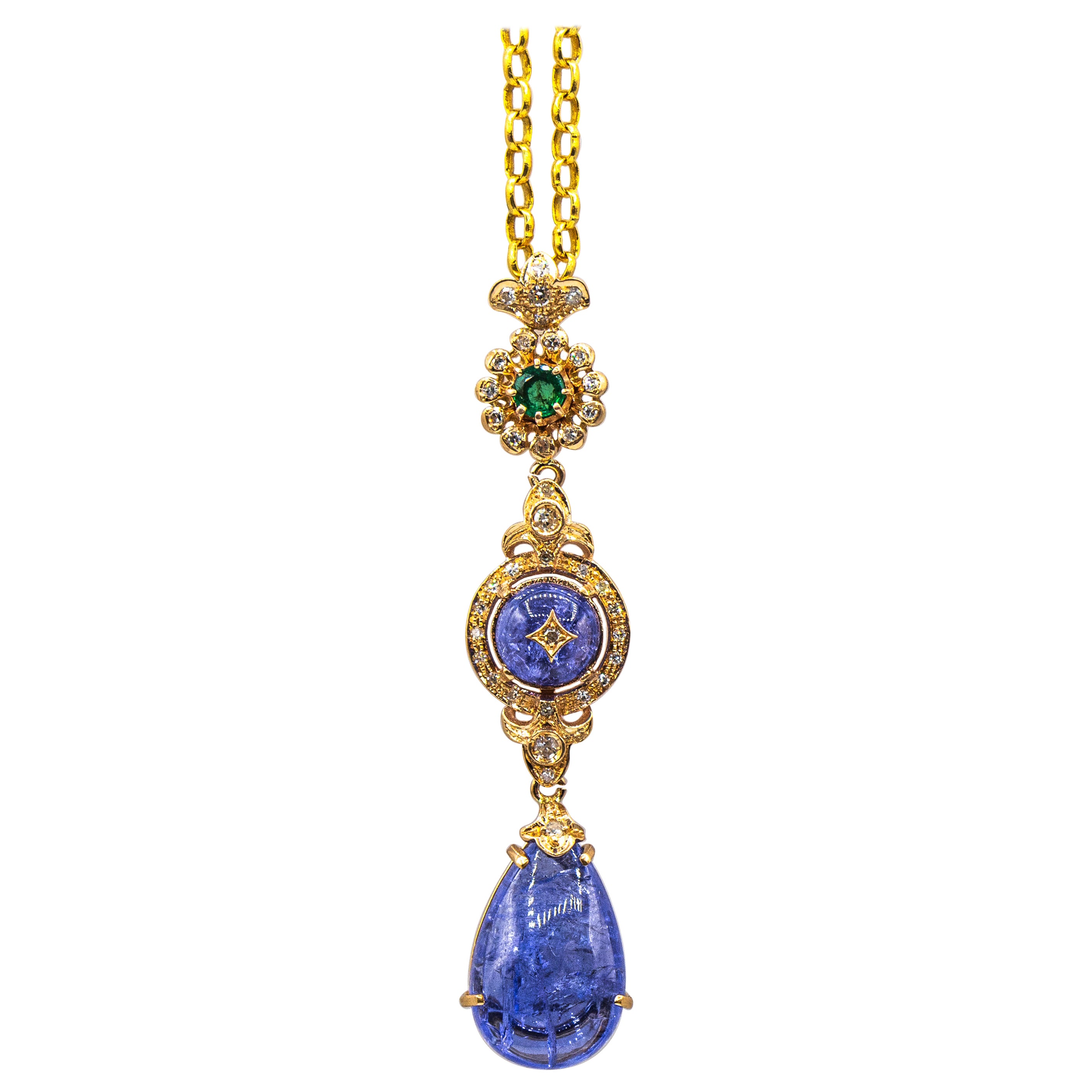 Art Deco Style White Diamond Tanzanite Emerald Yellow Gold Pendant Necklace For Sale