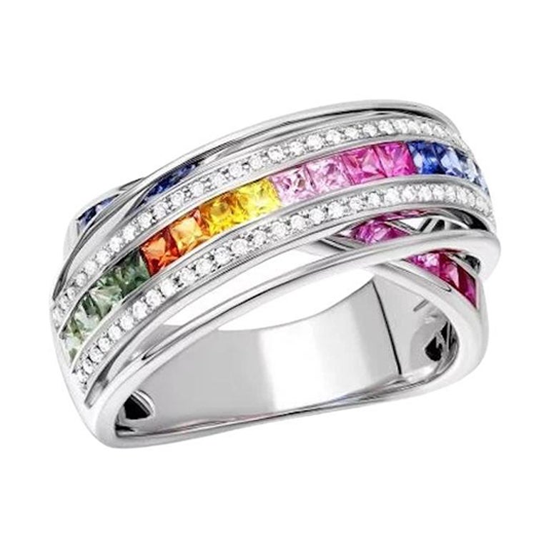 Stunning Diamond Multi Sapphire Ruby 14K White Gold Ring For Sale