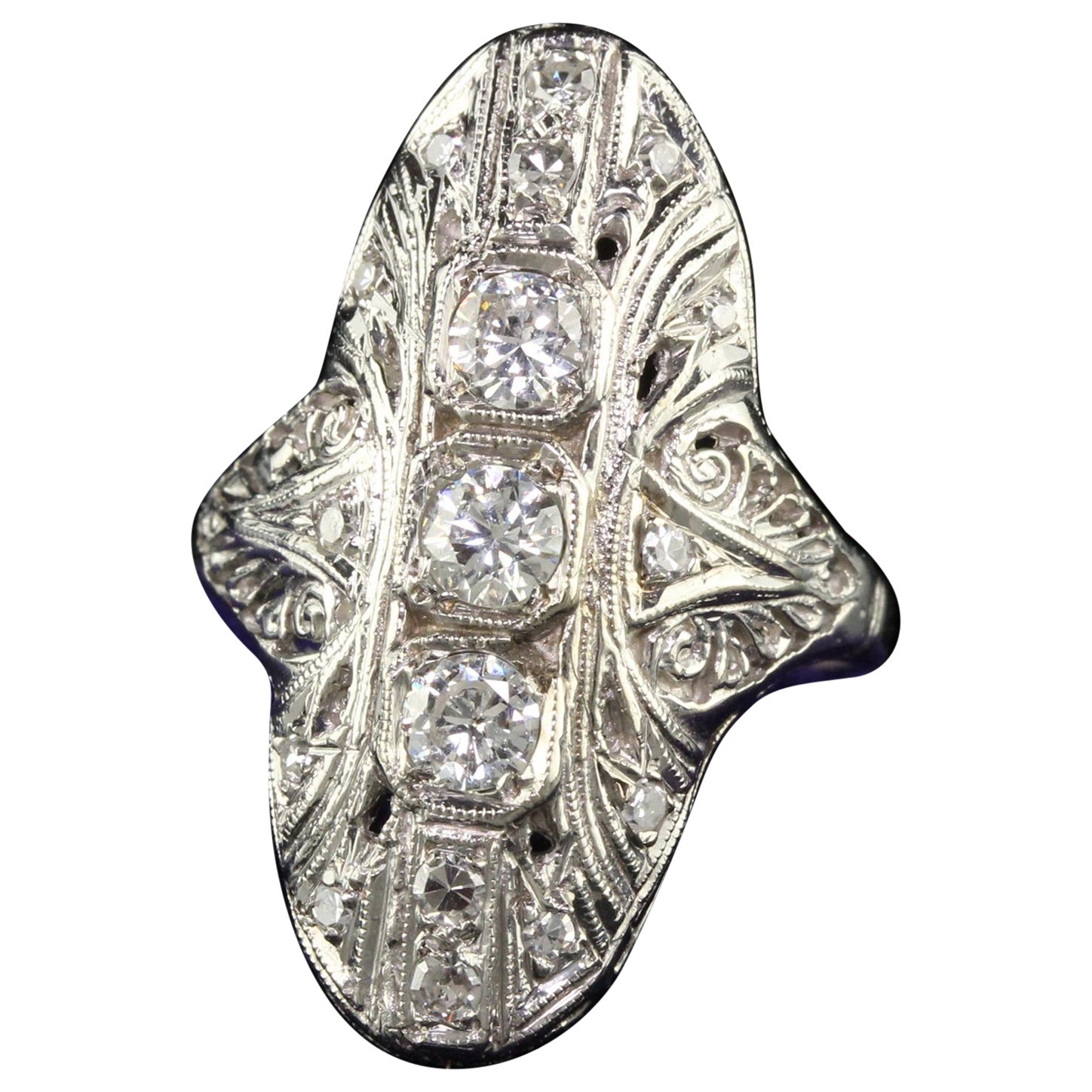 Antique Art Deco 14K White Gold Old Cut Diamond Filigree Shield Ring For Sale