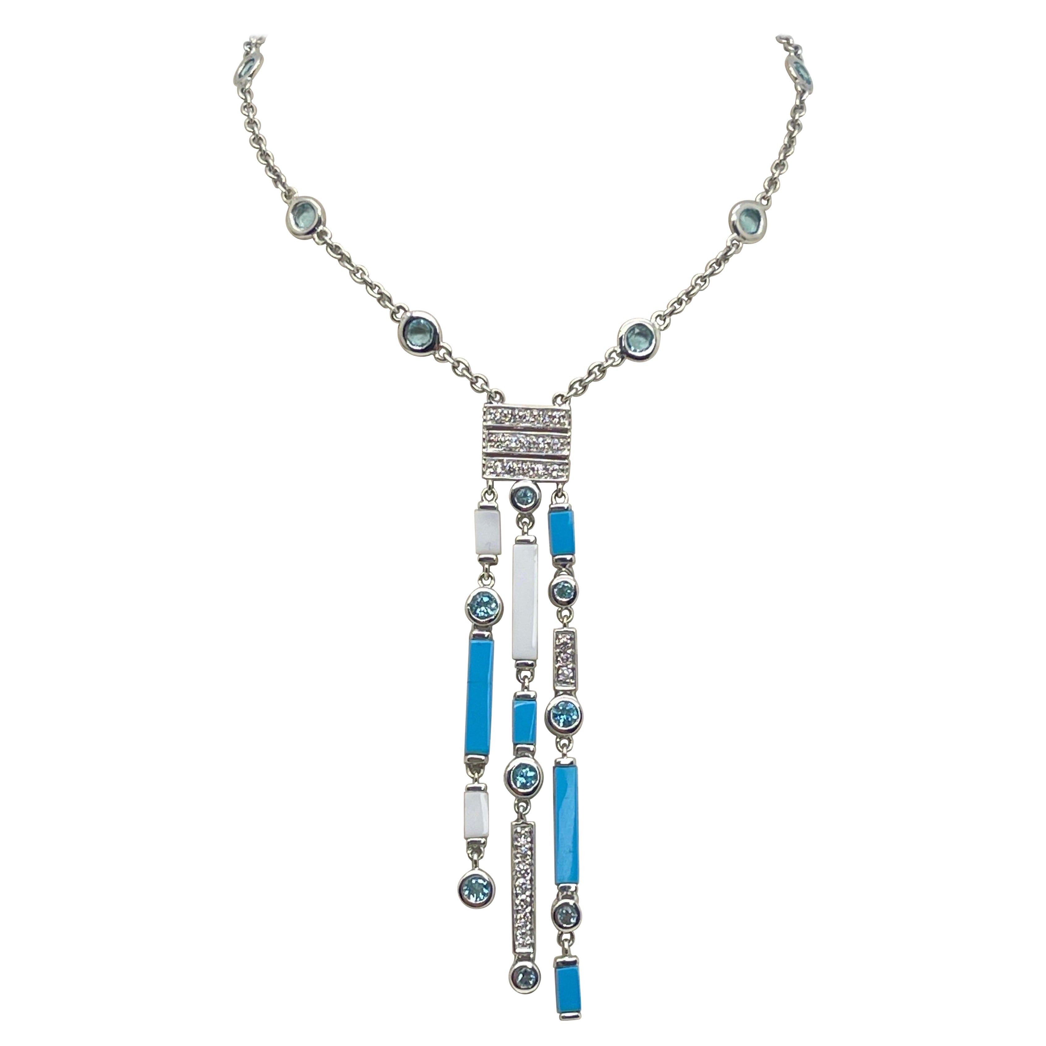 Stunning Turquoise, White Agate & Diamond Necklace In 18k White Gold For Sale