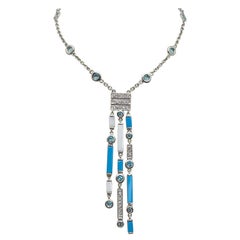 Stunning Turquoise, White Agate & Diamond Necklace In 18k White Gold