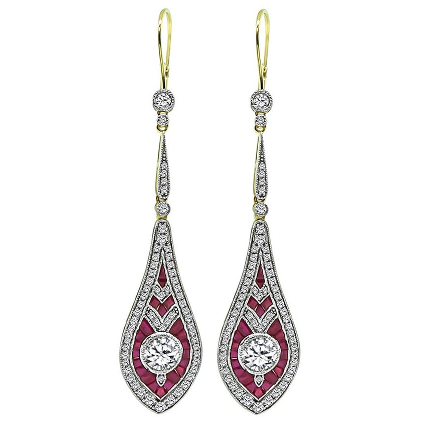 1.80ct Diamond 1.50ct Ruby Gold Drop Earrings For Sale